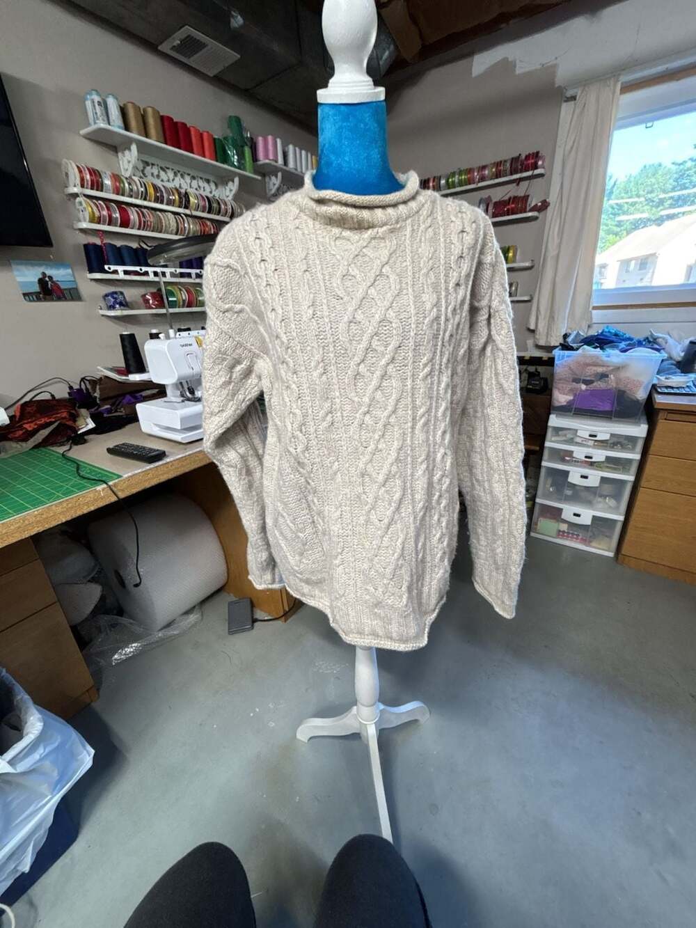 Celtic Country Wool Sweater Size S Cream Cable Knit Mock Neck